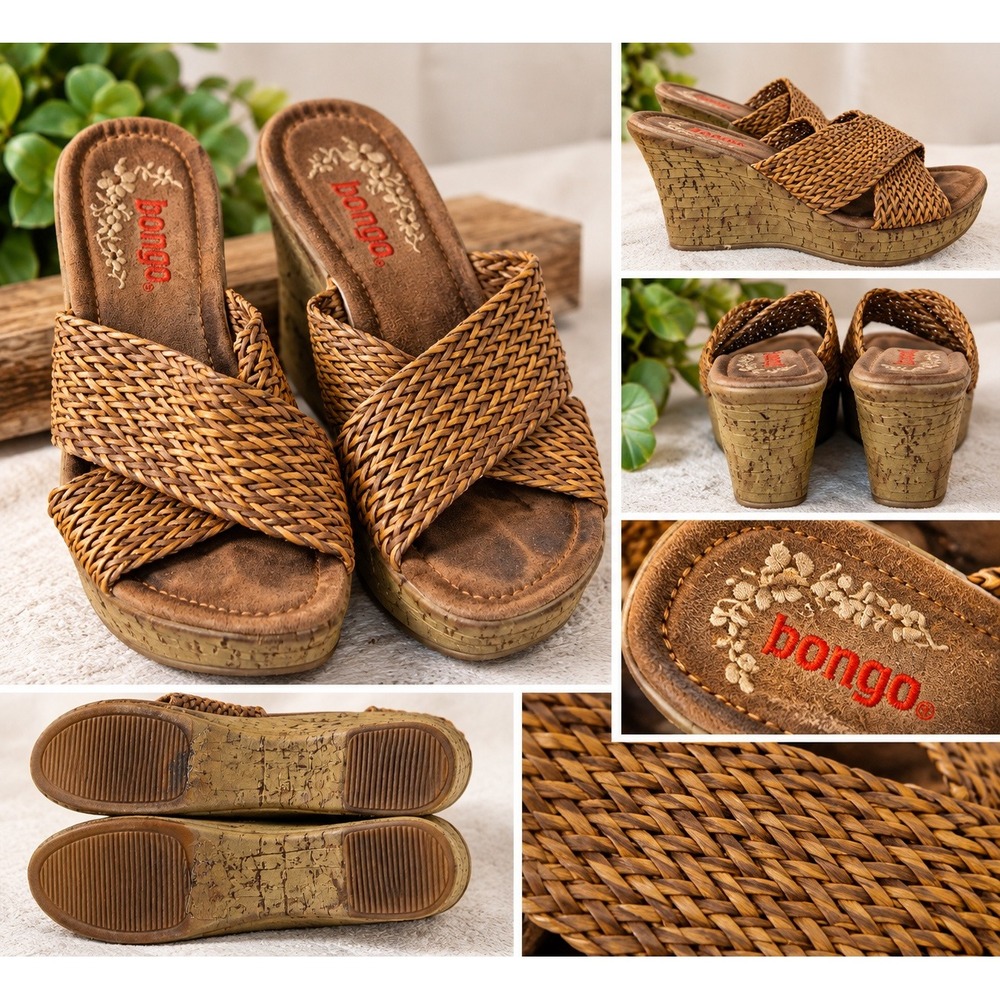 Authentically Distressed Y2K Bongo Brown Woven Wedge Sandals Platform Slides